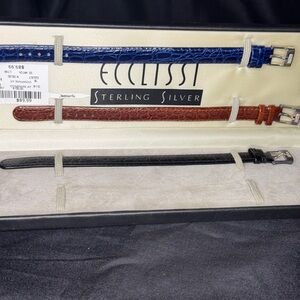 Ecclissi Sterling Silver Men's Watch Strap Set - Blue, Brown, Black